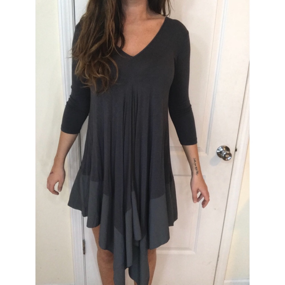 Asymmetrical Charcoal Grey V Neck Dress